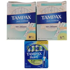 Tampax Tampons Lot of 3 Pure Cotton Pocket Pearl 64 ct Regular‎ Super Organic
